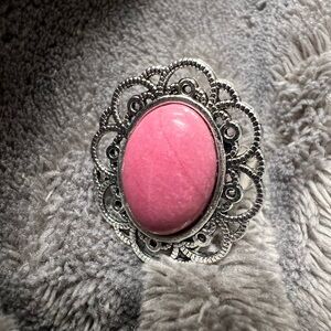 Rose Pink Rhodonite Stone Filagree Silver Tone Ring - Victorian style